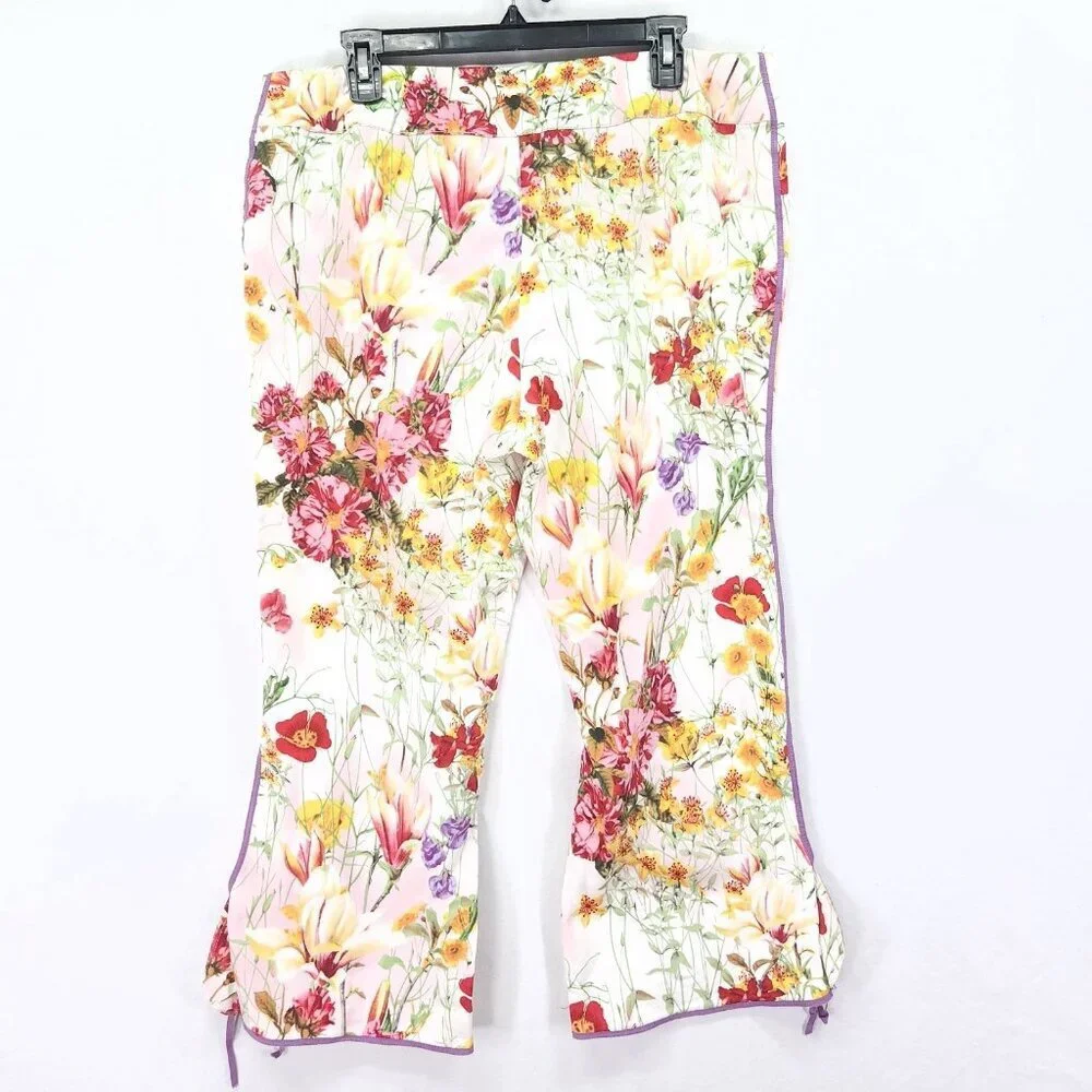 Alberto Makali Capri Pants Size 14 Floral Wide Leg Ankle Button_2